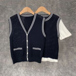 无袖 棉羊绒通勤简约撞色套装 开衫 马甲短袖 女 26年小禾春季 套衫 新款