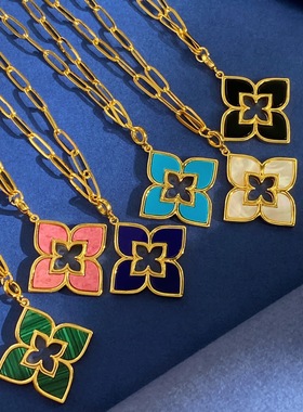 欧美新款幸运四叶草贝壳玛瑙镂空四瓣花菱形项链毛衣链气质长款