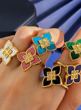 时尚欧美幸运四叶草贝壳玛瑙镶钻四瓣花戒指气质简约百搭菱形戒指