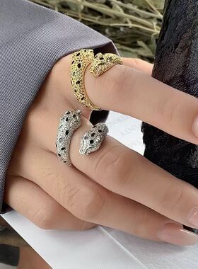 欧美复古奢华大气双头斑点豹子头戒指时尚个性夸张镶钻特色男女