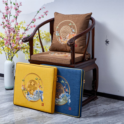 亚麻中国风重工刺绣靠枕坐垫耐磨