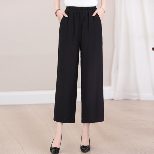 裤 中老年女装 大码 宽松垂感妈妈休闲裤 子 松紧腰棉麻九分阔腿裤