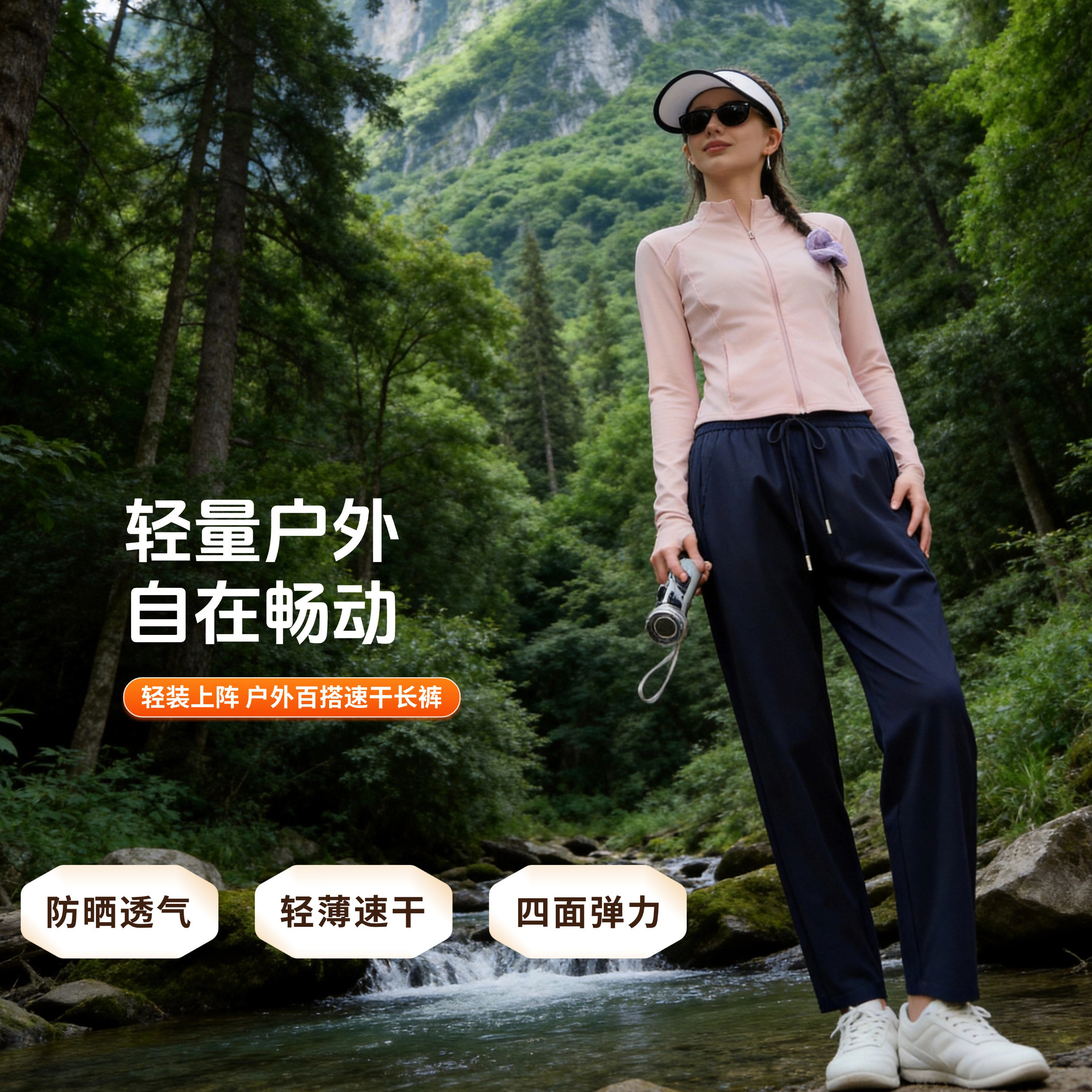 阿珂姆夏季速干运动裤女户外防晒长裤松紧腰冰感弹力休闲裤