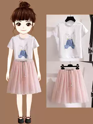 Girl spring suit 2021 New Baby Girl T-shirt female baby Net red style Net gauze dress two-piece set