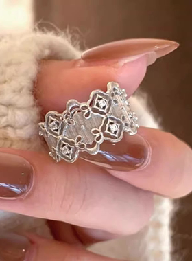 精致意大利风蕾丝戒指女镶嵌锆石小众高级感开口可调节食指戒新品