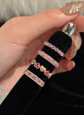 高级轻奢秋冬百搭精致中古风粉钻排戒满钻戒指女小众开口叠戴新品