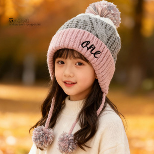 帽子女童秋冬季防风加绒保暖毛球护耳帽宝宝拼色加厚系带毛线帽潮