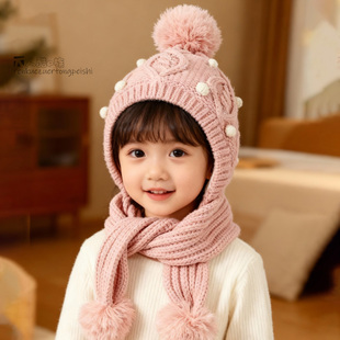 秋冬帽子女童防风围巾帽子一体韩版新款保暖毛线帽球球护耳帽宝宝