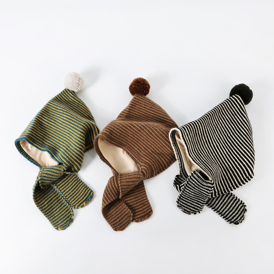 秋冬款儿童围巾帽子一体条纹针织