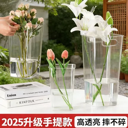 醒花筒透明花瓶手提亚克力深水家用花店养花桶花桶鲜花大号