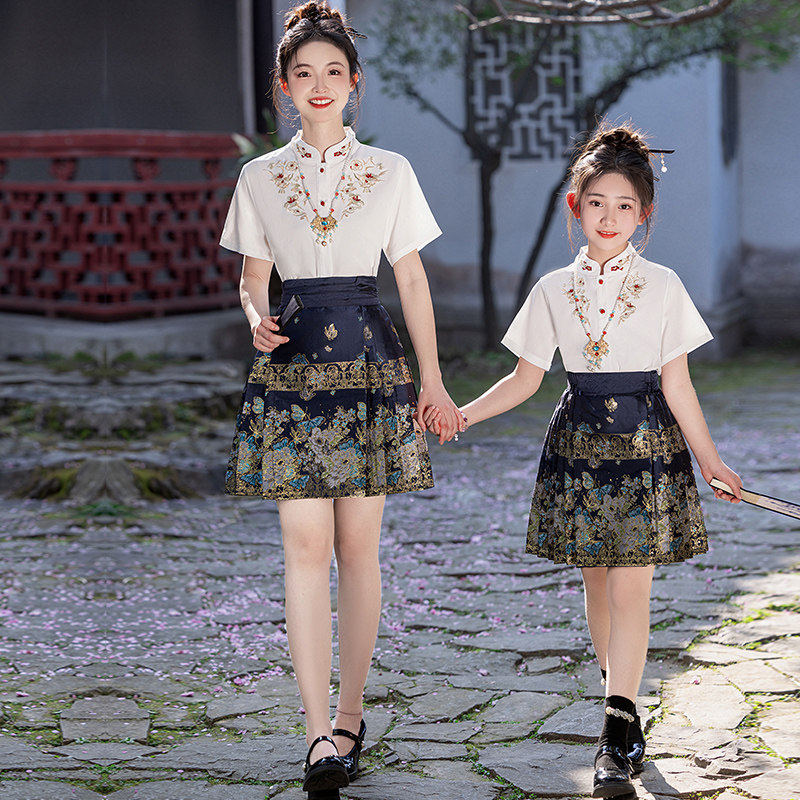 女童马面裙套装夏季装2026新款儿童新中式短款汉服亲子装母女演出
