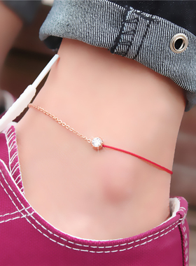 日式轻奢单钻红绳脚链子女款性感钛钢18k金网红学生古风森系绳