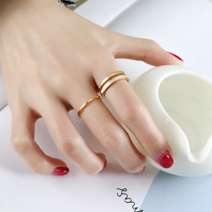 轻奢金素圈白贝壳双层开口戒指女小众设计高级感时尚个性钛钢指环