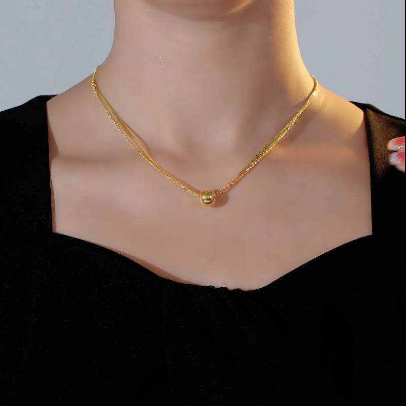 新款双层圆球吊坠蛇骨项链女款轻奢小众简约时尚钛钢18k金锁骨链