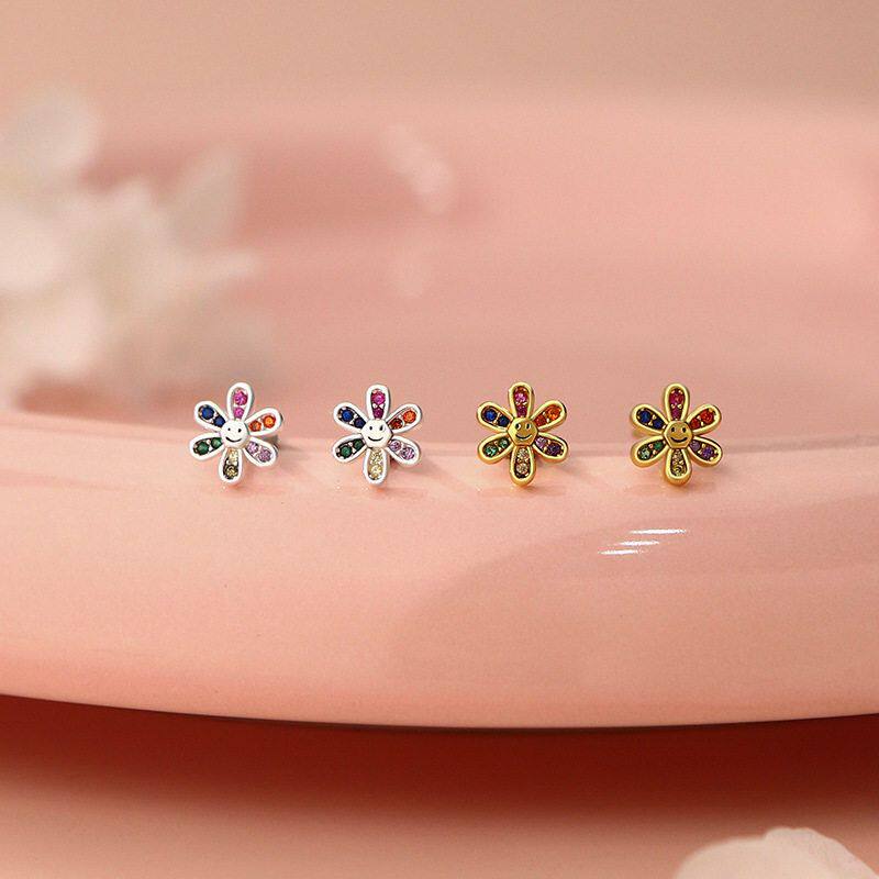 S999纯银足银彩锆花朵耳钉多巴胺风时尚轻奢韩系甜美夏季耳饰