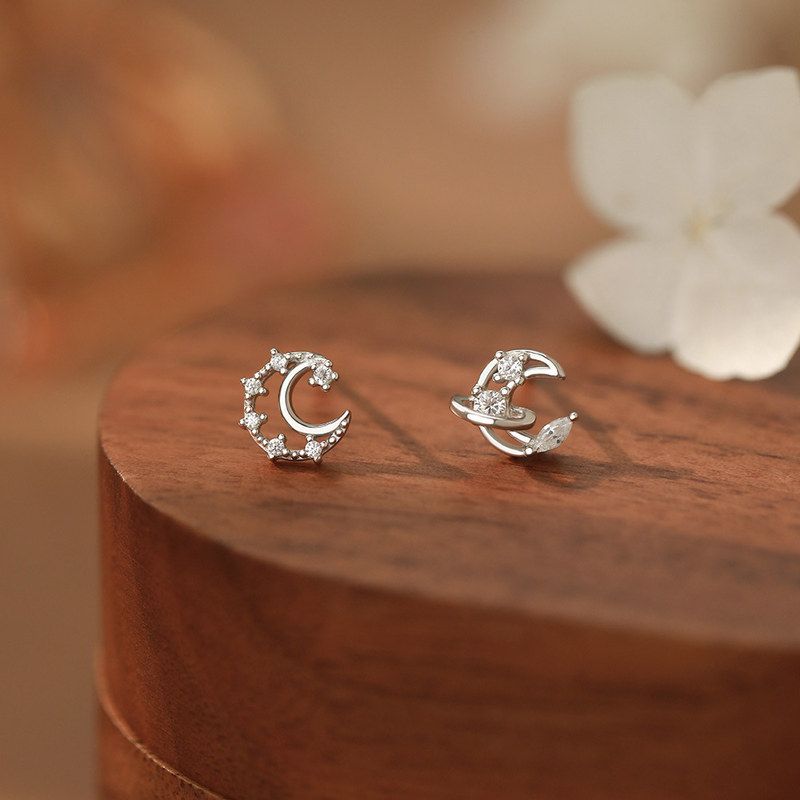 足银S999月亮星球耳钉时尚韩风韩系梦幻唯美小众优雅耳饰