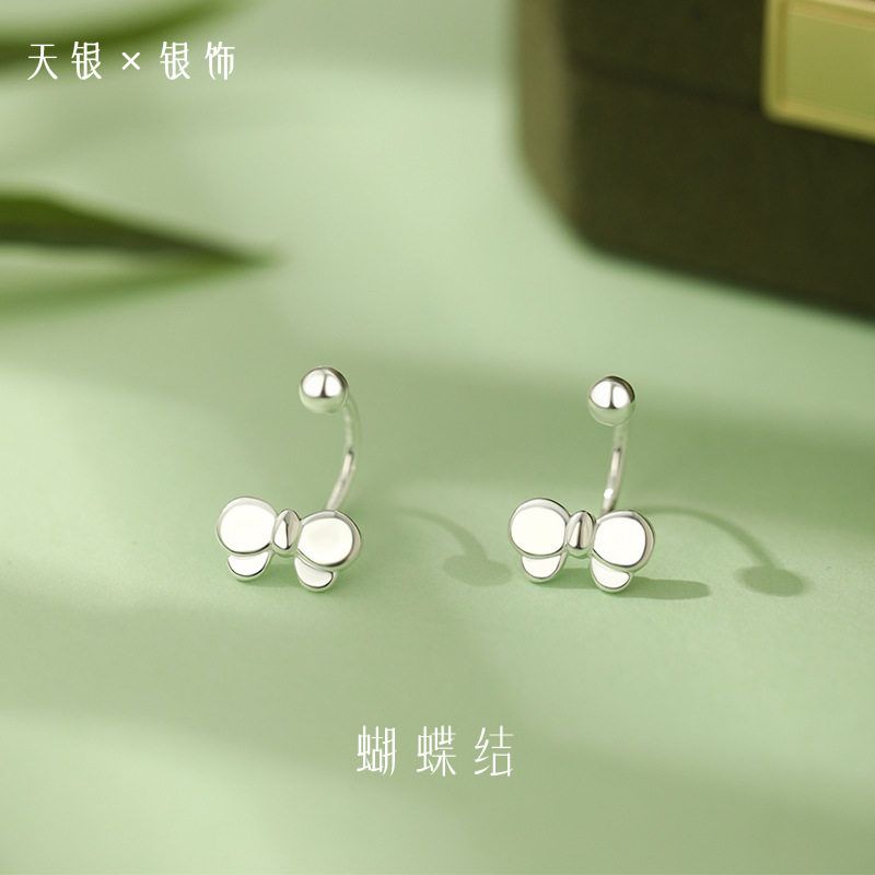 S999纯银足银蝴蝶结螺丝耳钉简约气质森系设计感U型甜美清新耳饰