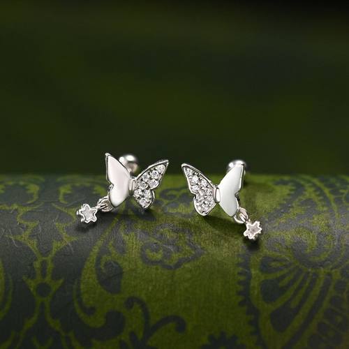 S999纯银微镶锆石不对称蝴蝶耳钉新款甜美仙女耳饰养耳洞拧螺丝款