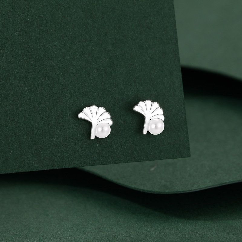 S999纯银三生有幸银杏叶贝珠耳钉女生足银高级感新款耳环耳饰