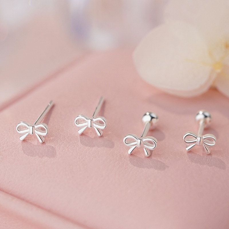 足银S999公主蝴蝶结直针耳钉螺丝耳钉甜美时尚优雅温柔耳饰