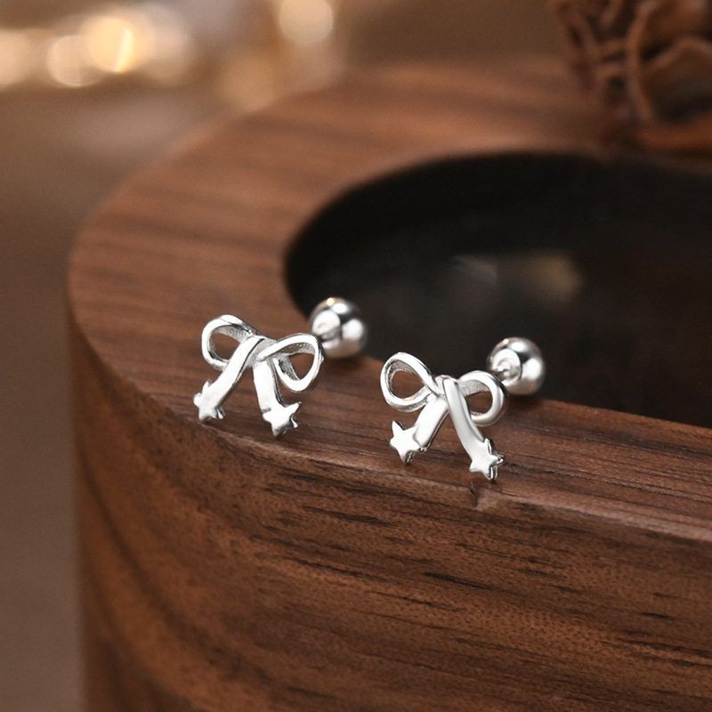 999纯银耳钉女迷你星星蝴蝶结耳环螺丝拧扣睡觉不用摘养耳洞耳饰