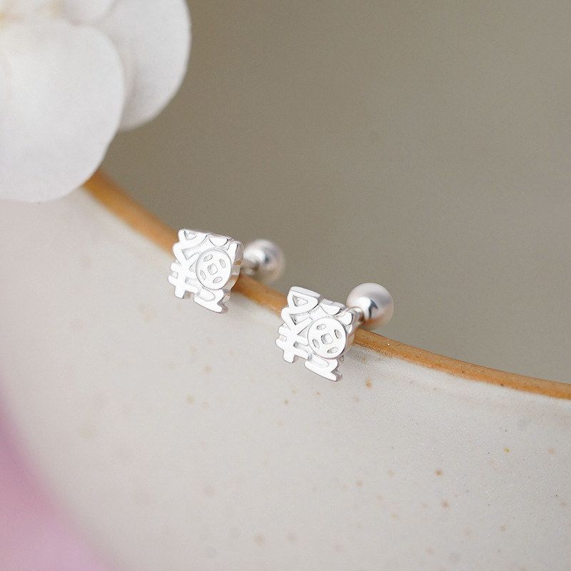 足银S999纯银铜钱螺丝耳钉国风古风中式吉祥文艺精美养耳洞耳饰