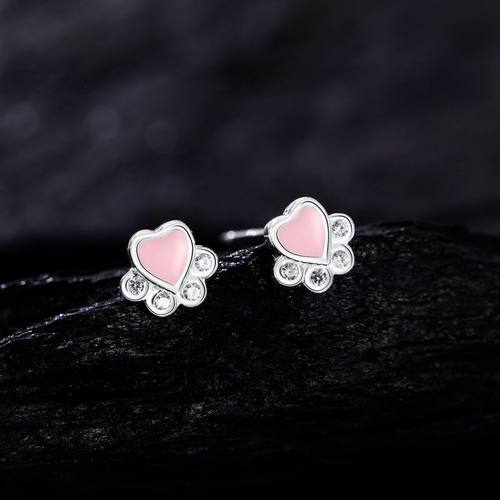 S999纯银足银爱猫爪耳钉女滴胶珐琅锆石养耳小巧小清新银耳饰