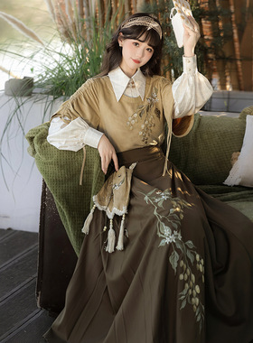 倚梦阁原创新鲜黄皮汉服女国风汉元素新中式外衣衬衣半裙套装