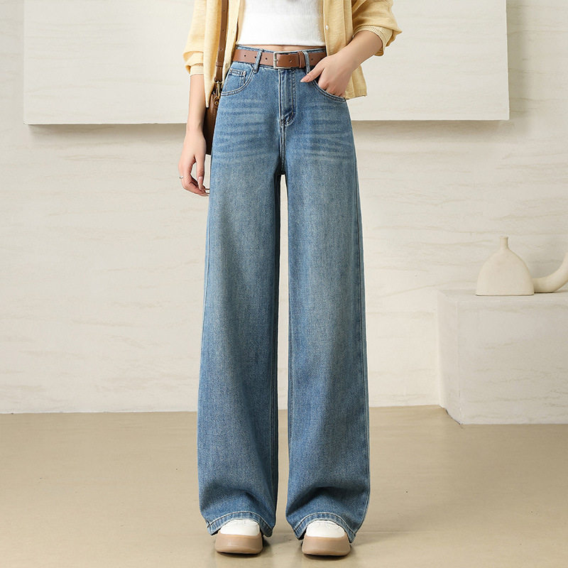 浅色阔腿牛仔裤女韩版2026春季新款百搭垂感高腰宽松显瘦直筒裤子