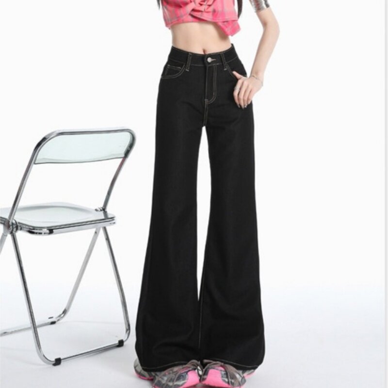 深蓝阔腿微喇牛仔裤女2026夏季薄款小个子百搭宽松显瘦垂感直筒裤