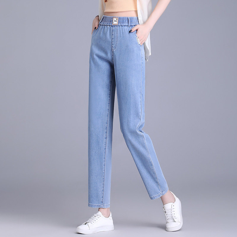 时尚天丝牛仔裤直筒裤女2026夏季新款松紧腰薄款休闲百搭九分裤潮