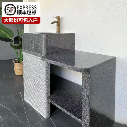 石头天然石材庭院洗手台一体式方形大理石水池户外阳台洗手盆水槽