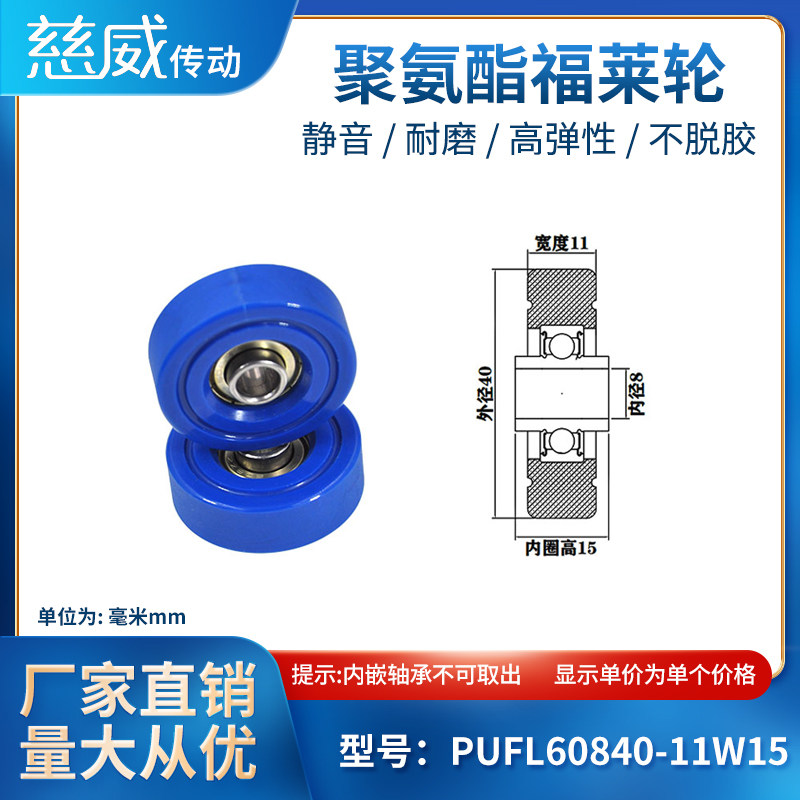 PUFL60840-11W15聚氨酯福莱轮流利条滑轮非标608包胶轴承