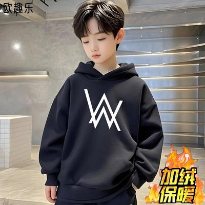 嘉豪同款男童黑色连帽卫衣加绒秋冬装保暖上衣中大童潮流衣服