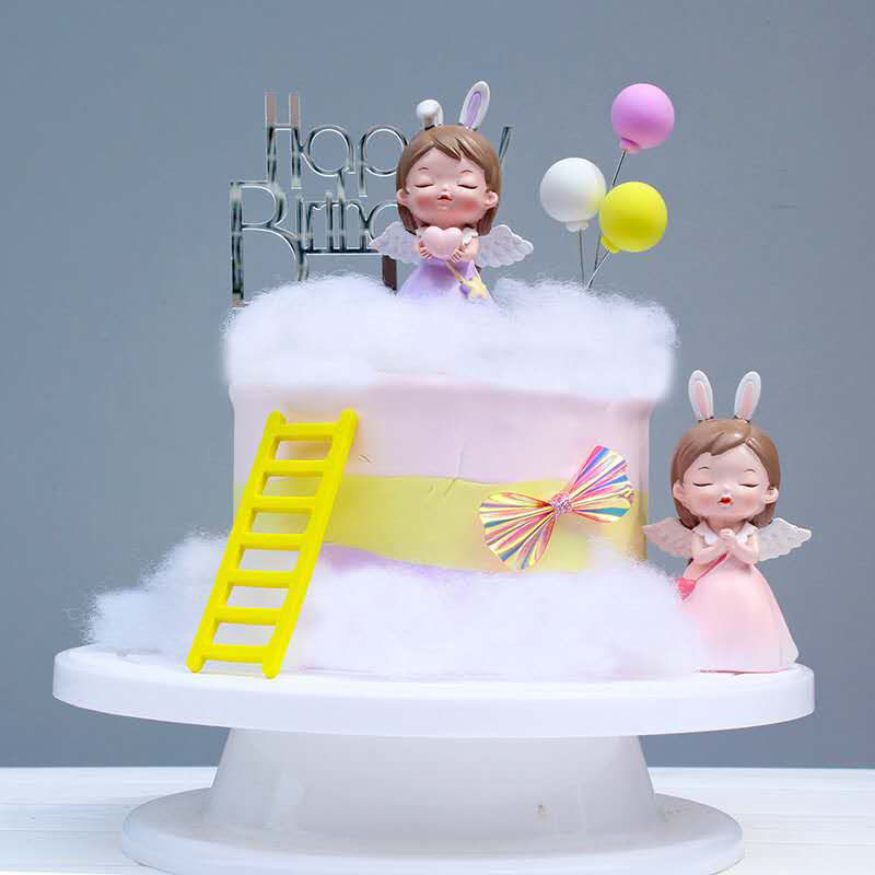 新天使兔耳女孩蛋糕装饰摆件eva楼梯气球兔子生日插件宝藏少女心