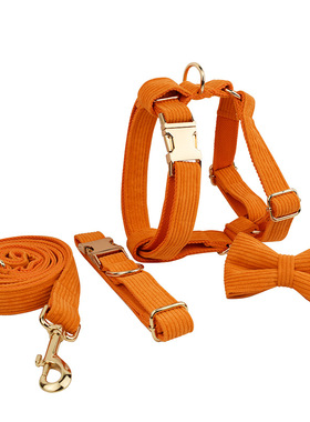 跨境橙色条绒狗项圈宠物项圈脖圈户外遛狗绳狗链狗背心新款套装