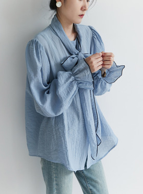 XINER 法式蓝色蝴蝶结衬衫女飘带气质上衣设计感小众2024春季新款