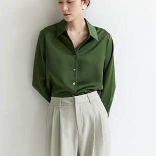 XINER 橄榄绿缎面衬衫女春季长袖气质通勤高级感醋酸衬衣小众上衣