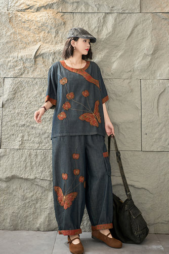 2026夏季新款新中式短袖复古牛仔套装做旧贴布显瘦减龄休闲两件套