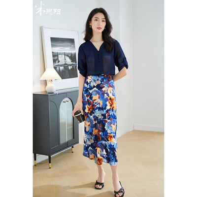 米思阳2026夏季新款宽松莱赛尔时尚套装衬衫印花半裙两件套女3646