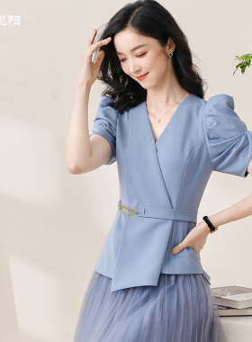 米思阳2022夏季新款职场通勤修身西装时尚设计感泡泡袖外套女1735