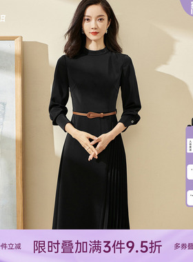 米思阳知性轻熟连衣裙小众不规则2026春季新款中长款黑色裙子2309