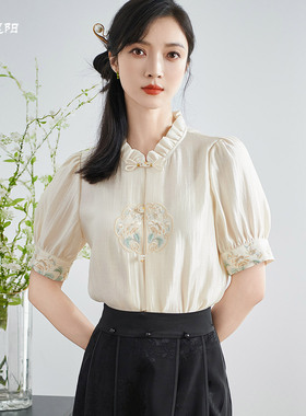米思阳2026夏季新款新中式国风短袖衬衫盘扣别致设计绣花上衣1667