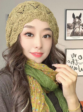 韩系小众复古文艺蕾丝花朵镂空包头帽女甜美时尚针织毛线帽瓜皮帽
