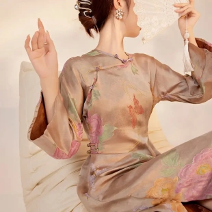 短裙新款 人丝提花改良旗袍连衣裙女盘扣设计显瘦修身 国风新中式