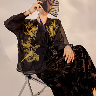 ZX款 喜鹊刺绣设计感桑蚕丝外套高端吊带裙两件套 M6089 新中式 新款