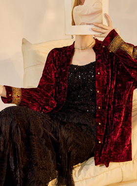 新中式高定秋季新款丝绒衬衫女抓皱烫金民族风长袖上衣 N9046