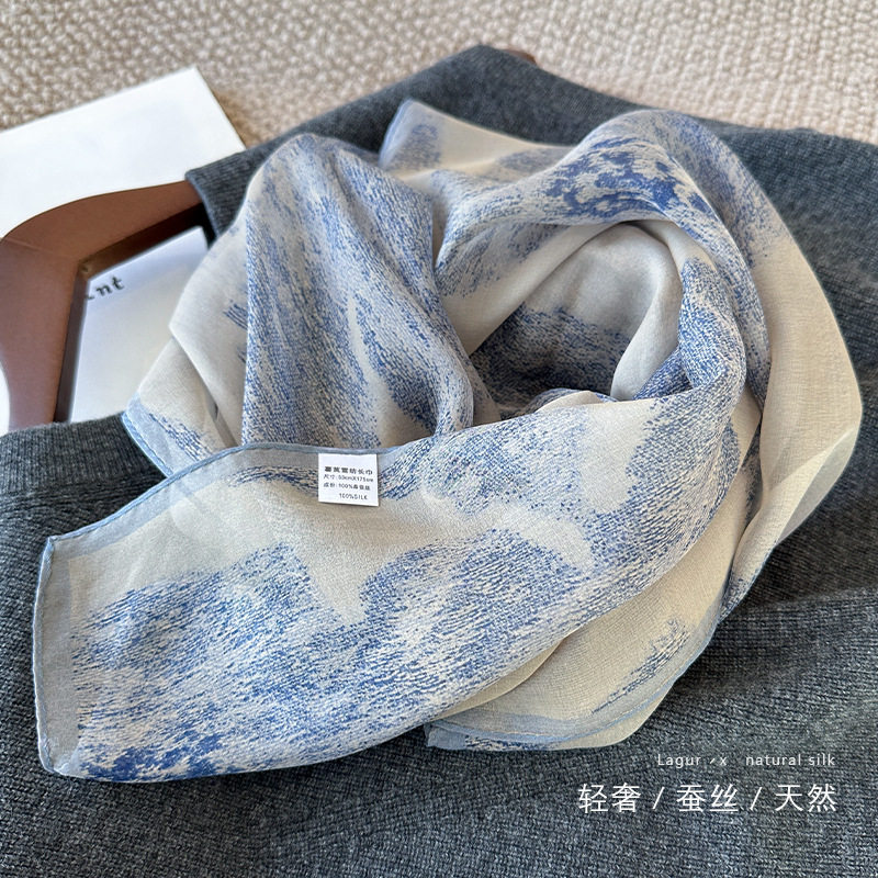 幽蓝薯莨植物染！100%桑蚕丝丝巾真丝薄款丝巾披肩女长条气质围巾
