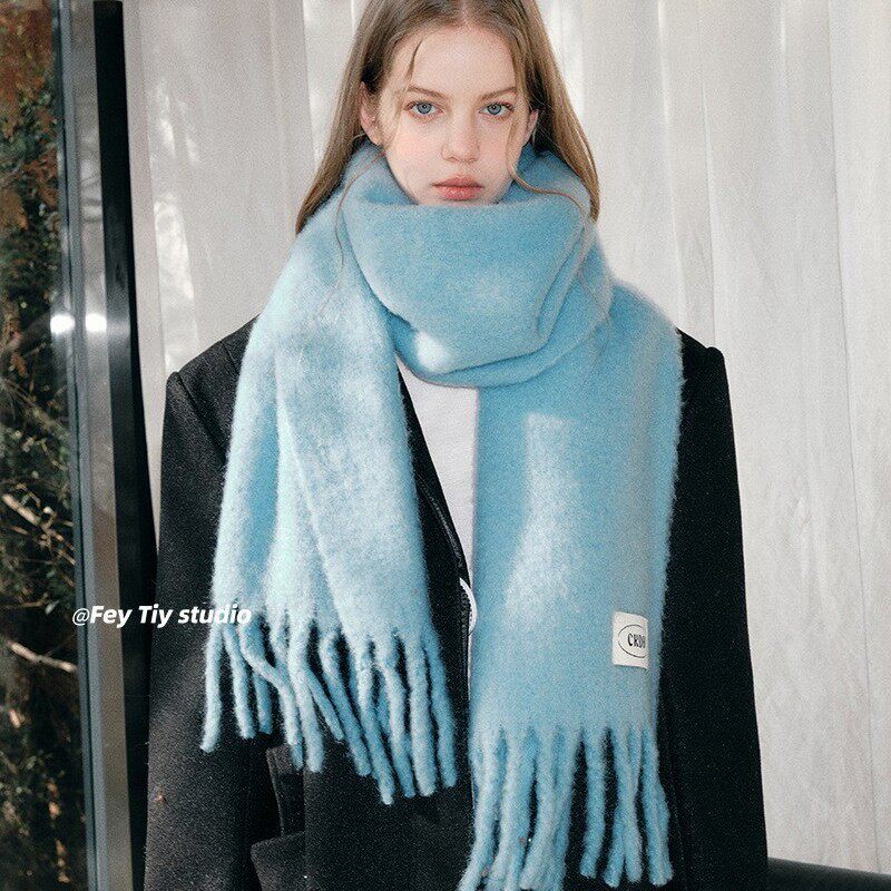 马海毛纯色围巾冰岛蓝纯羊毛披肩