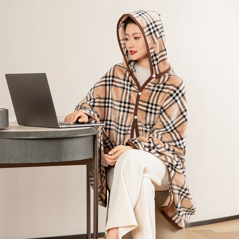 春夏法兰绒加厚懒人披肩毛毯学生办公室斗篷保暖午睡空调披风毯子